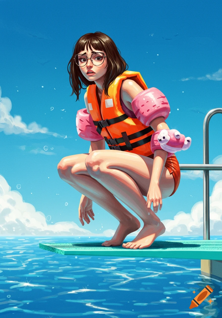 A nervous brunette girl in glasses, a life jacket, and water wings squats on a diving board above blue water, in an illustrative style.