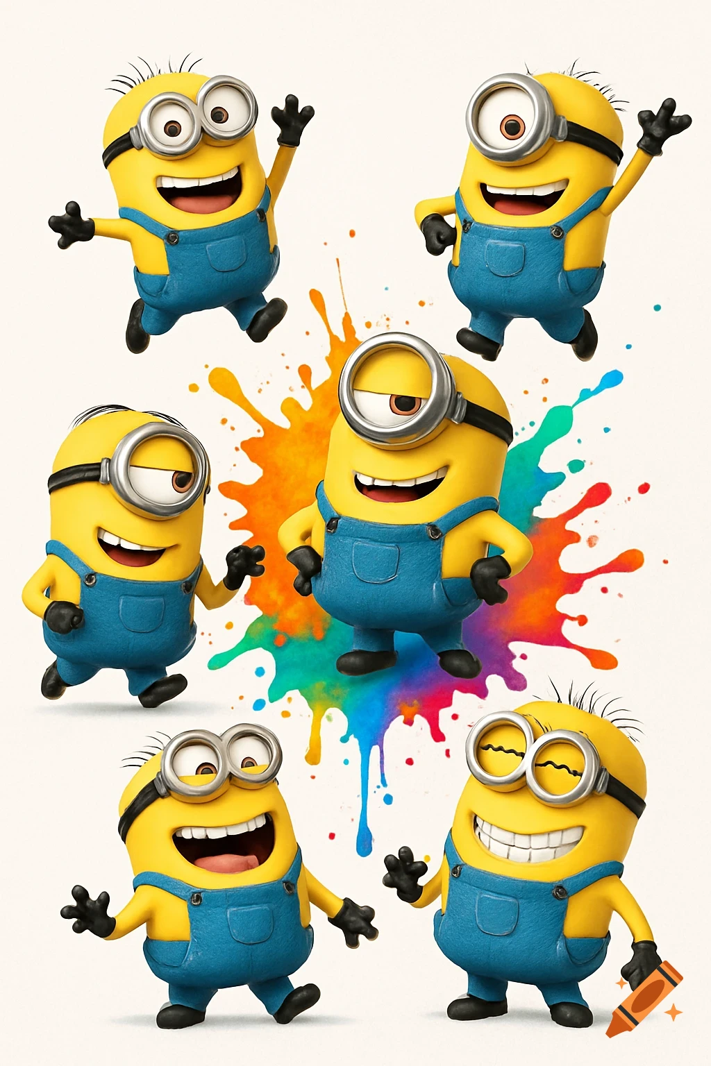 Six happy Minions in blue overalls pose on a white background with colorful paint splatters.