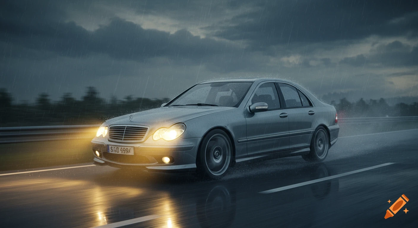 A silver Mercedes-Benz car drives on a wet highway in heavy rain, its headlights brightly illuminating the road in a photorealistic style.