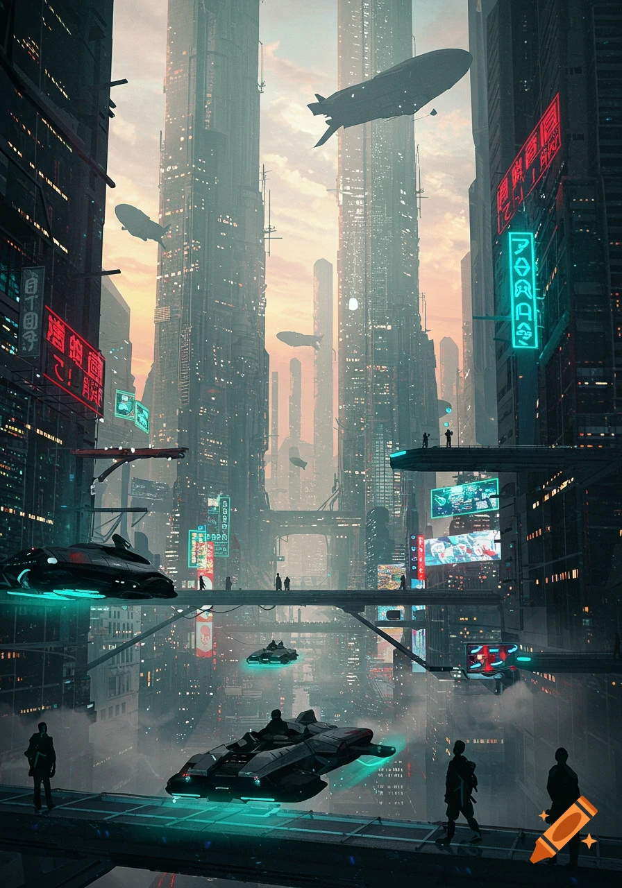 A moody, vertical shot of a futuristic cyberpunk city at dusk, with towering skyscrapers, neon signs, flying vehicles, and silhouetted people on skywalks.