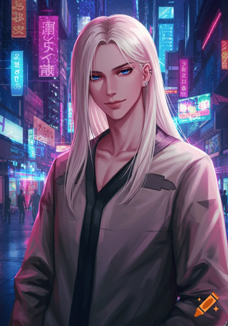 An anime man with long blonde hair and blue eyes stands in a neon-lit cyberpunk city at night.