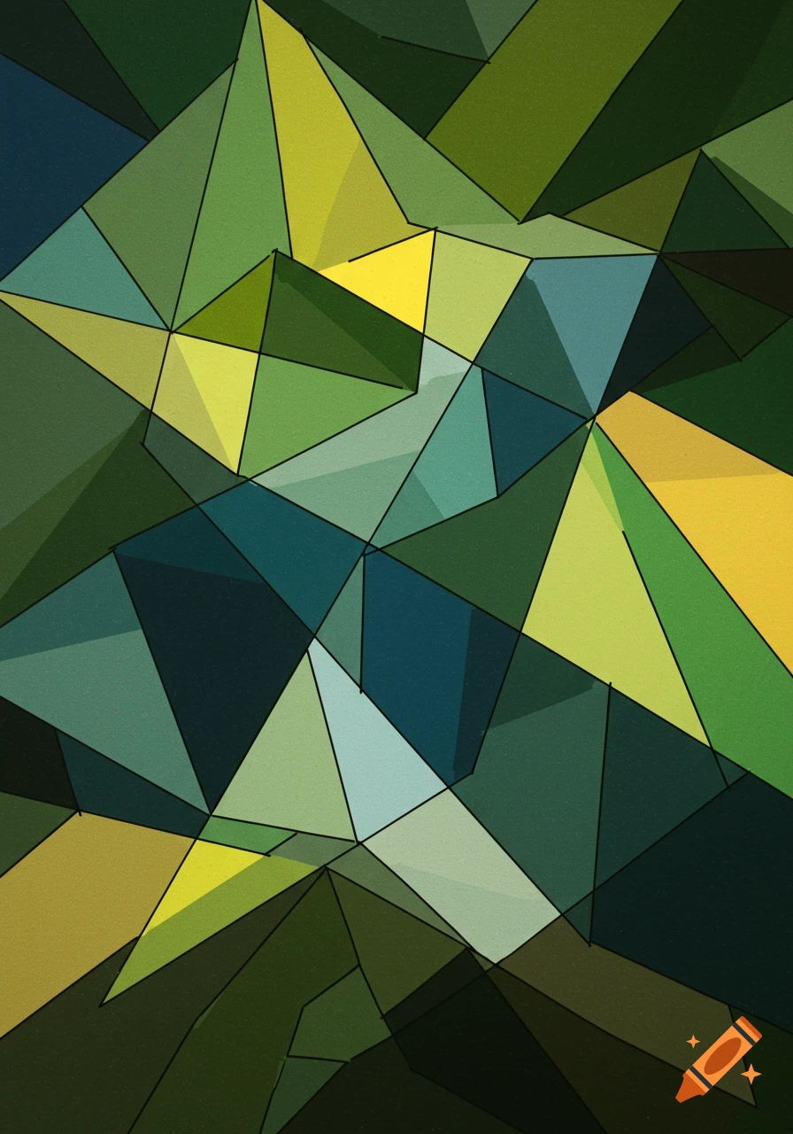A vibrant abstract painting in cubist style, featuring geometric shapes in various shades of green, blue, and yellow with dark outlines.
