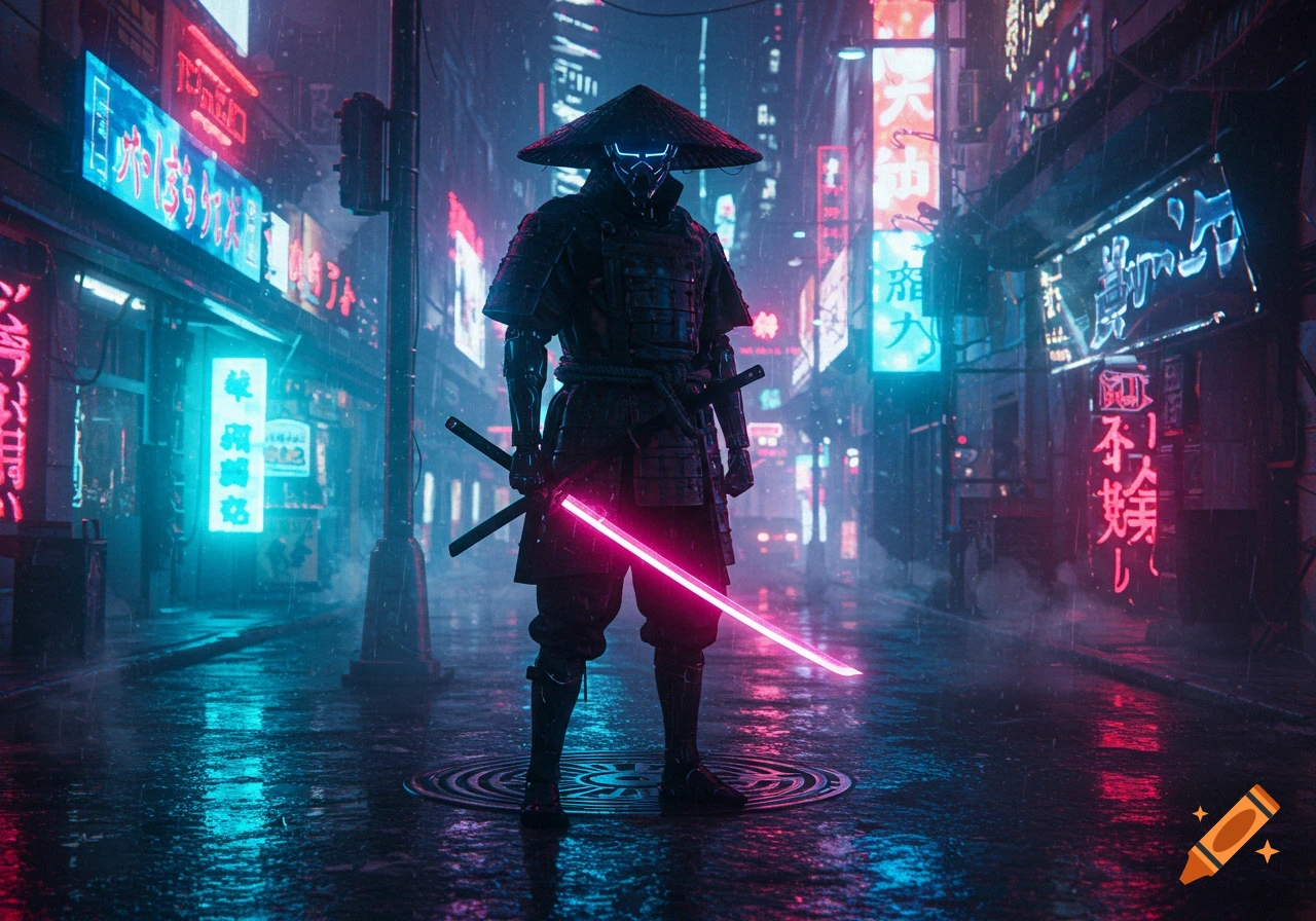 A cyberpunk samurai with a glowing pink katana stands in a rainy, neon-lit city street at night.