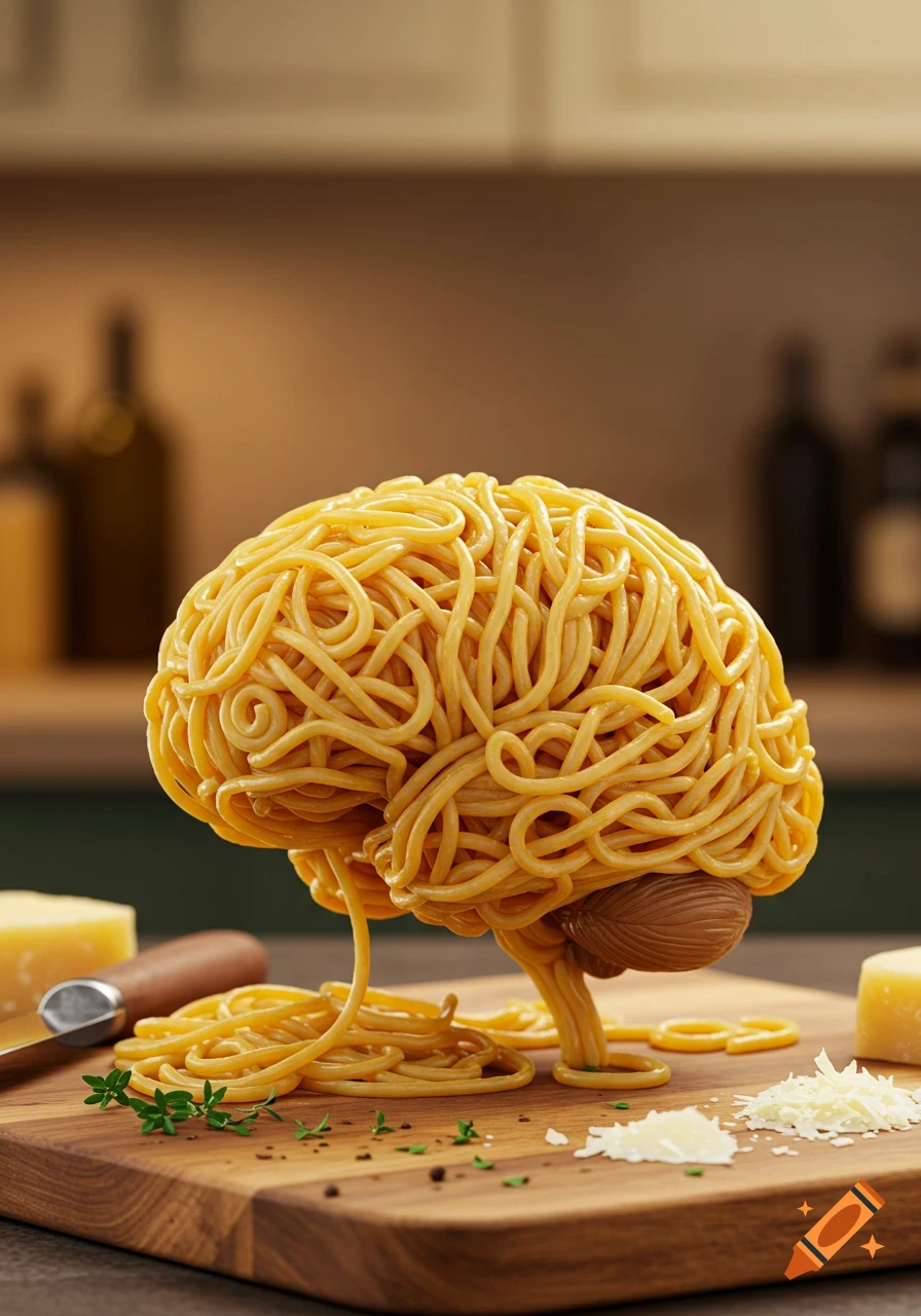 Photorealistic spaghetti brain on a wooden cutting board with grated cheese and fresh herbs.