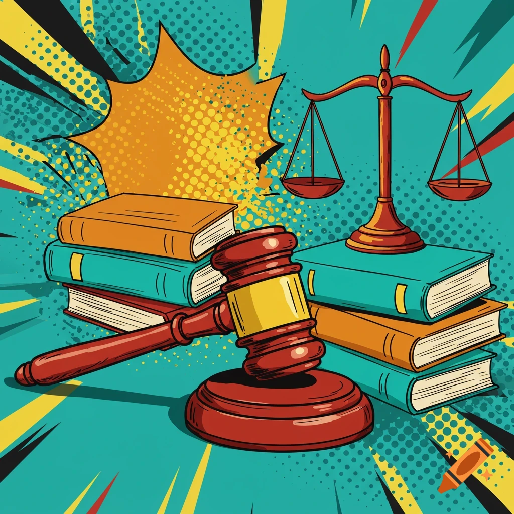 Pop art illustration of a gavel and books next to scales of justice.