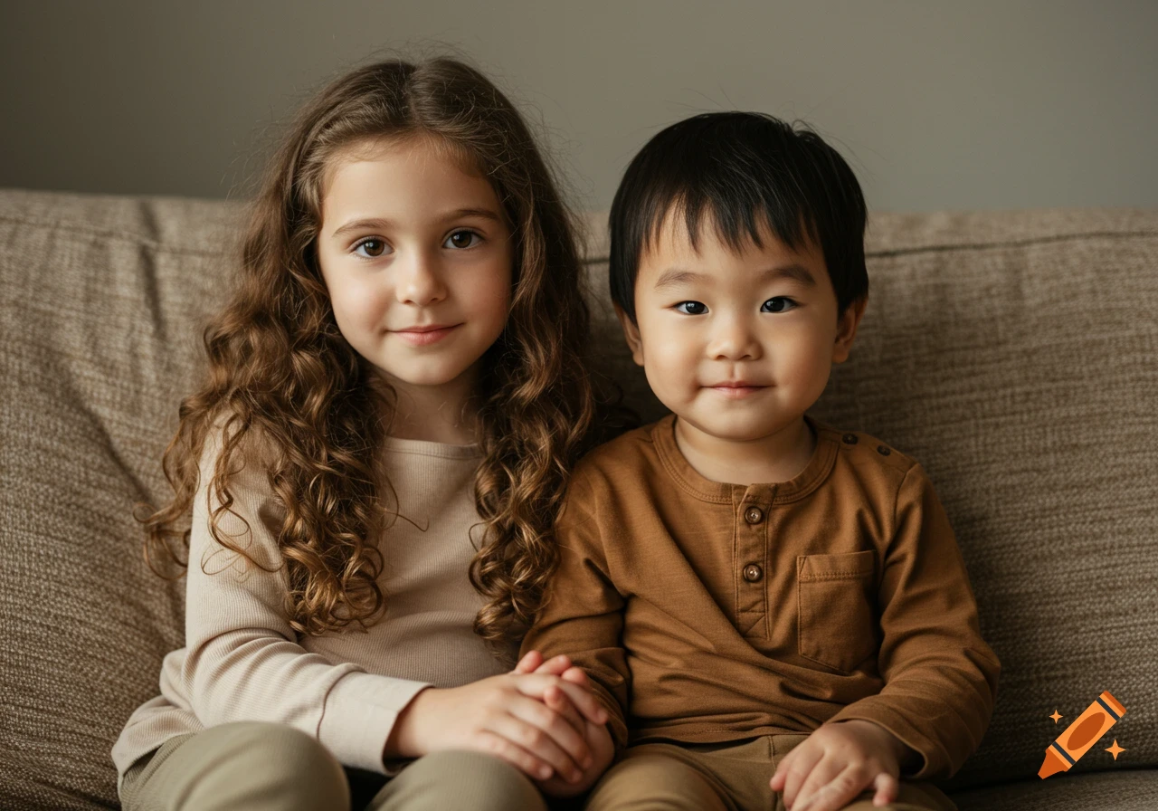 Photorealistic portrait of a young girl with curly brown hair and a young boy with dark hair, holding hands and smiling on a couch.