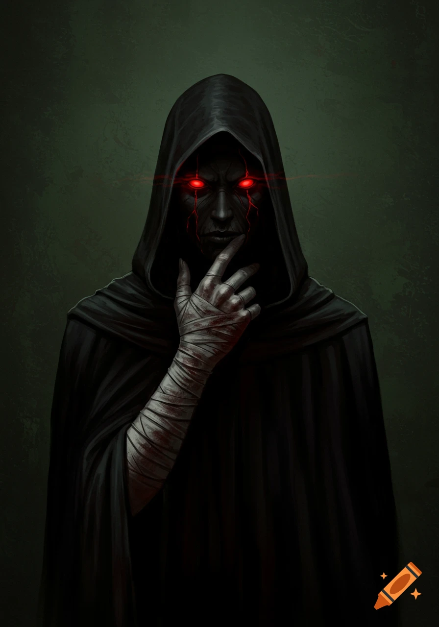 A dark, hooded figure with glowing red eyes, red streaks on its face, and a bandaged, blood-stained hand raised to its mouth.