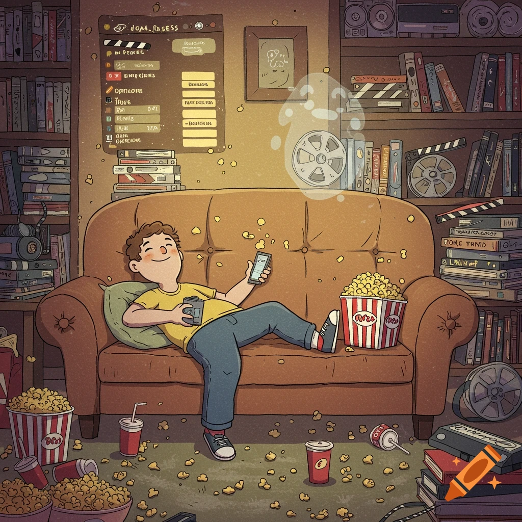 A person relaxes on a sofa, surrounded by popcorn and film reels, looking at a phone in a cozy, hand-drawn cartoon style.