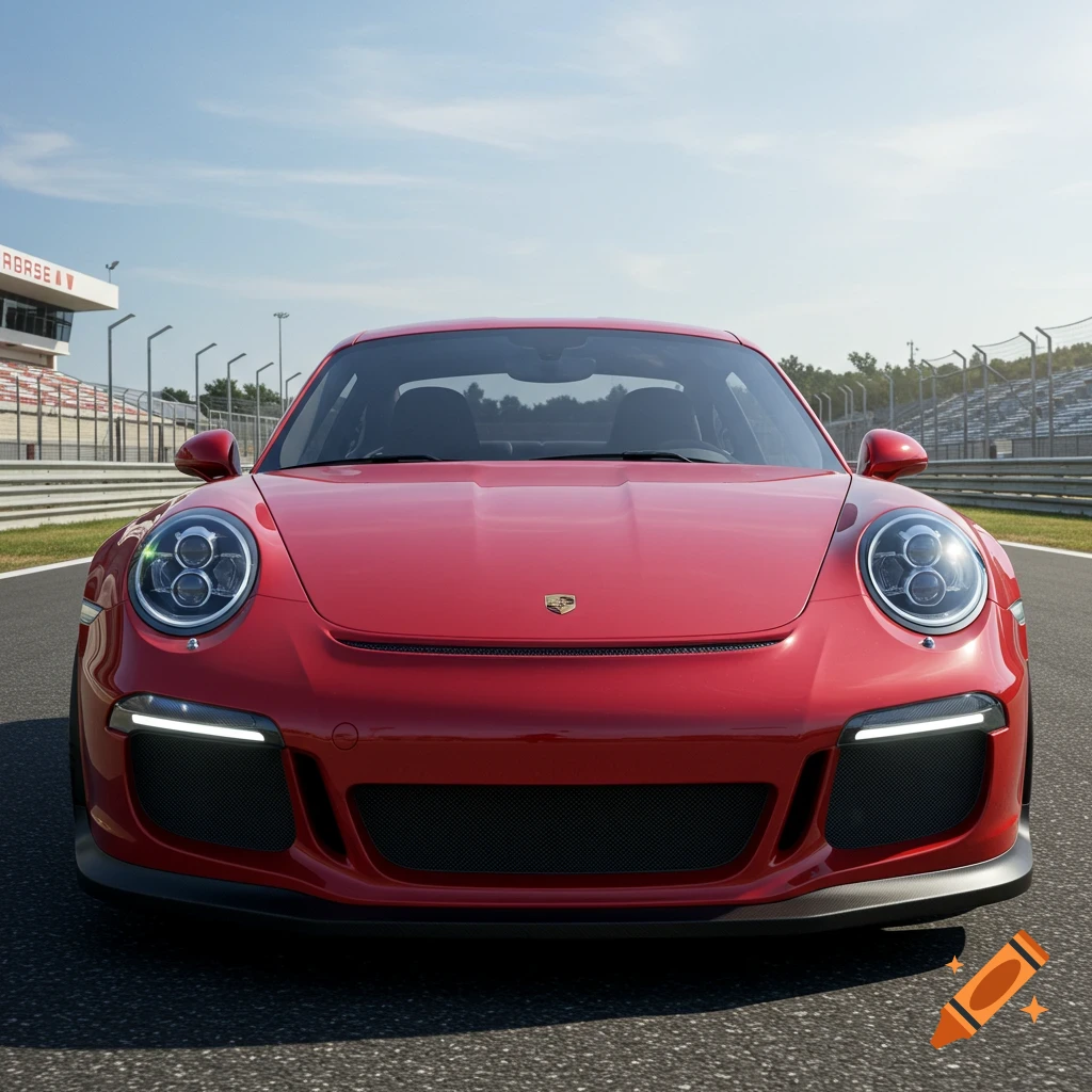 Front view of a red Porsche 911 GT3 RS on a racetrack, with grandstands in the background, under a blue sky.