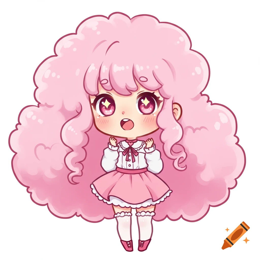 A cute chibi anime girl with voluminous pink hair and sparkling eyes, wearing a pink dress, on a white background.