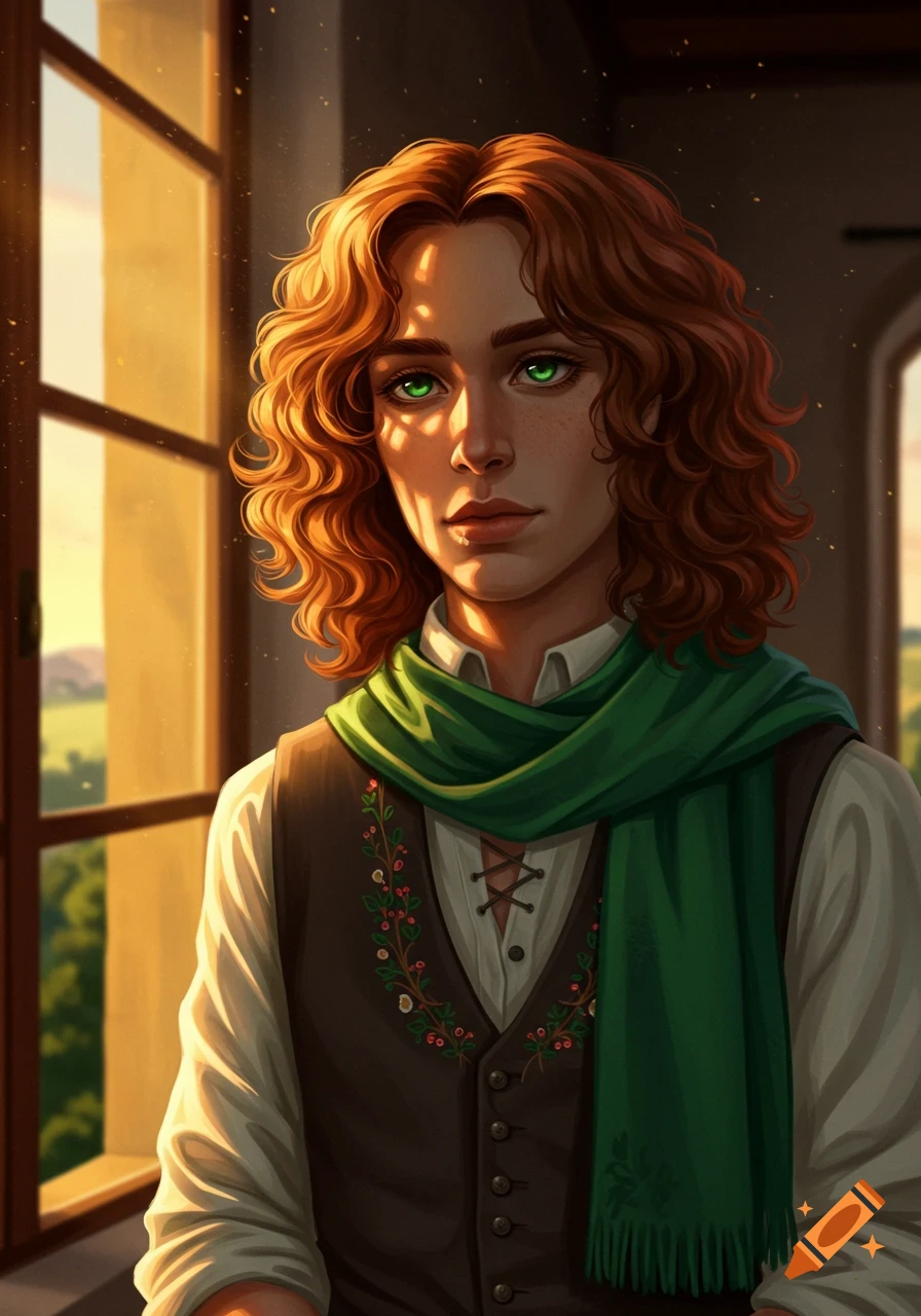 Digital art portrait of a person with curly auburn hair and green eyes, wearing a green scarf and embroidered vest, bathed in warm window light.