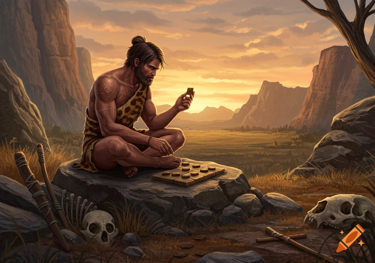 A muscular prehistoric man with a top knot sits cross-legged on a rock, playing a board game in a valley at sunset, surrounded by bones and skulls.