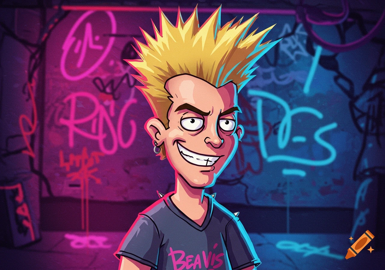 A cartoon punk character with spiky yellow hair and a Beavis shirt, smirking against a neon graffiti wall.
