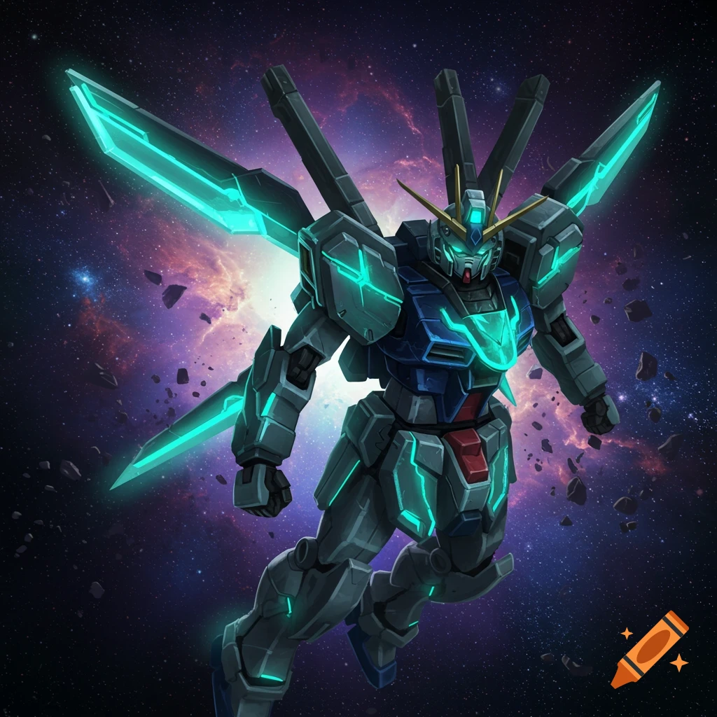 A detailed Gundam-style robot, the ELS Reborns Gundam, with glowing blue accents and large wing-like weapons, flies through a starry nebula in space.