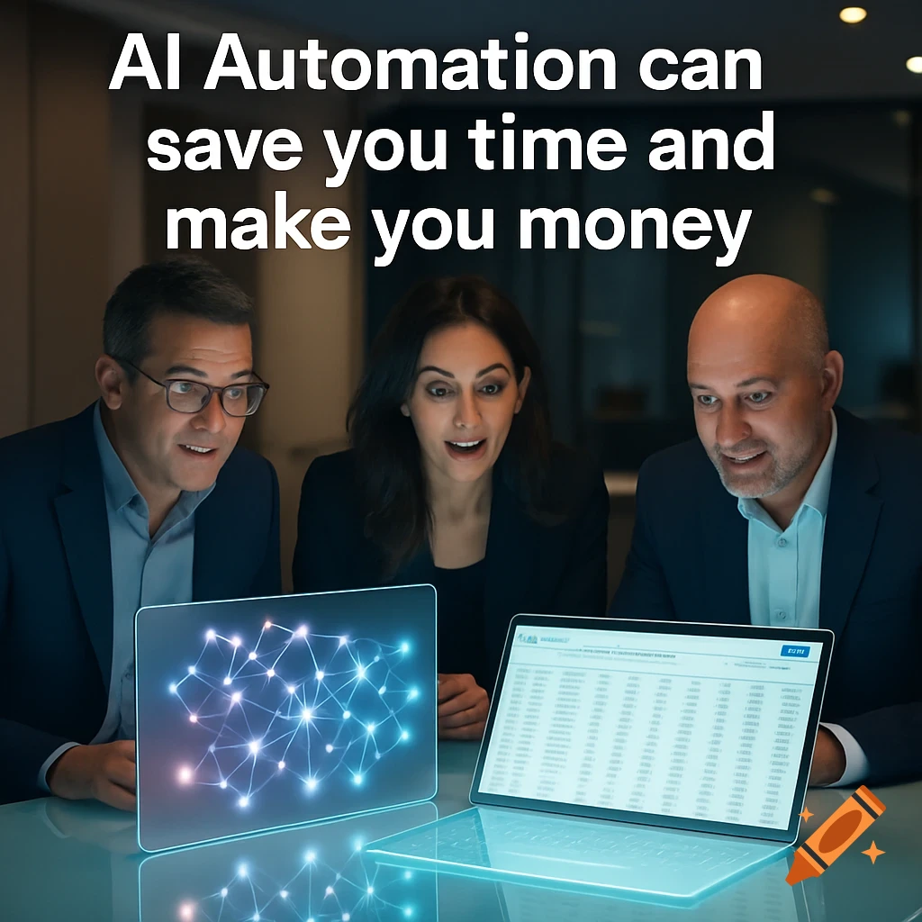 Three business people intently look at glowing digital screens with AI nodes and a spreadsheet in a modern office, with overlay text about AI automation.