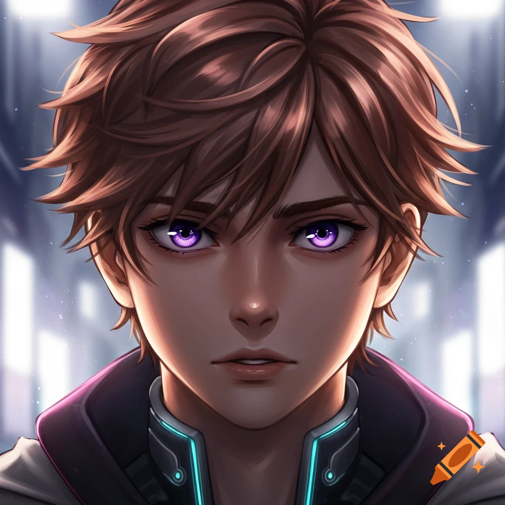 Close-up anime portrait of a young male with spiky brown hair, intense purple-blue eyes, and a futuristic collar.