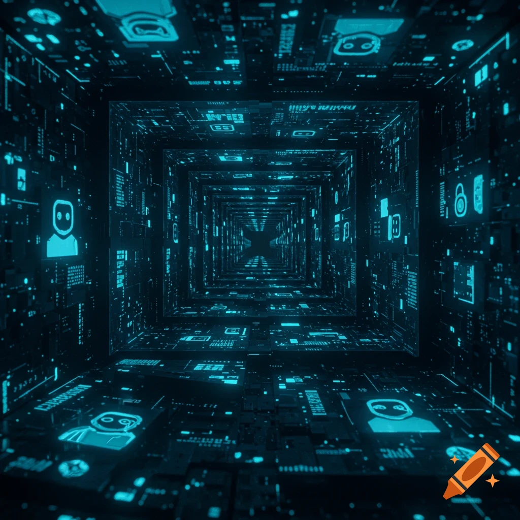A glowing blue digital tunnel made of circuit boards and abstract icons, receding into a futuristic infinity.