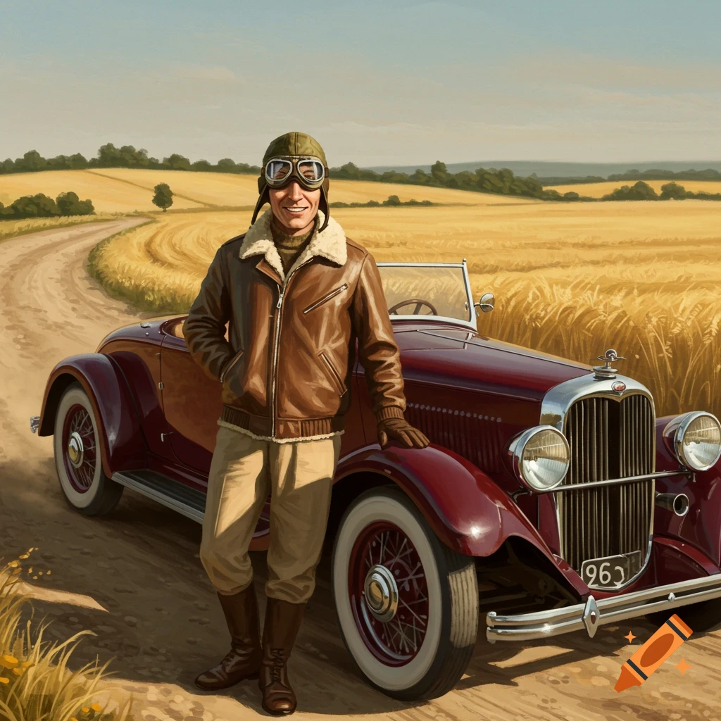 A smiling man in a brown leather pilot jacket and goggles stands next to a vintage red convertible on a dirt road in a golden field.