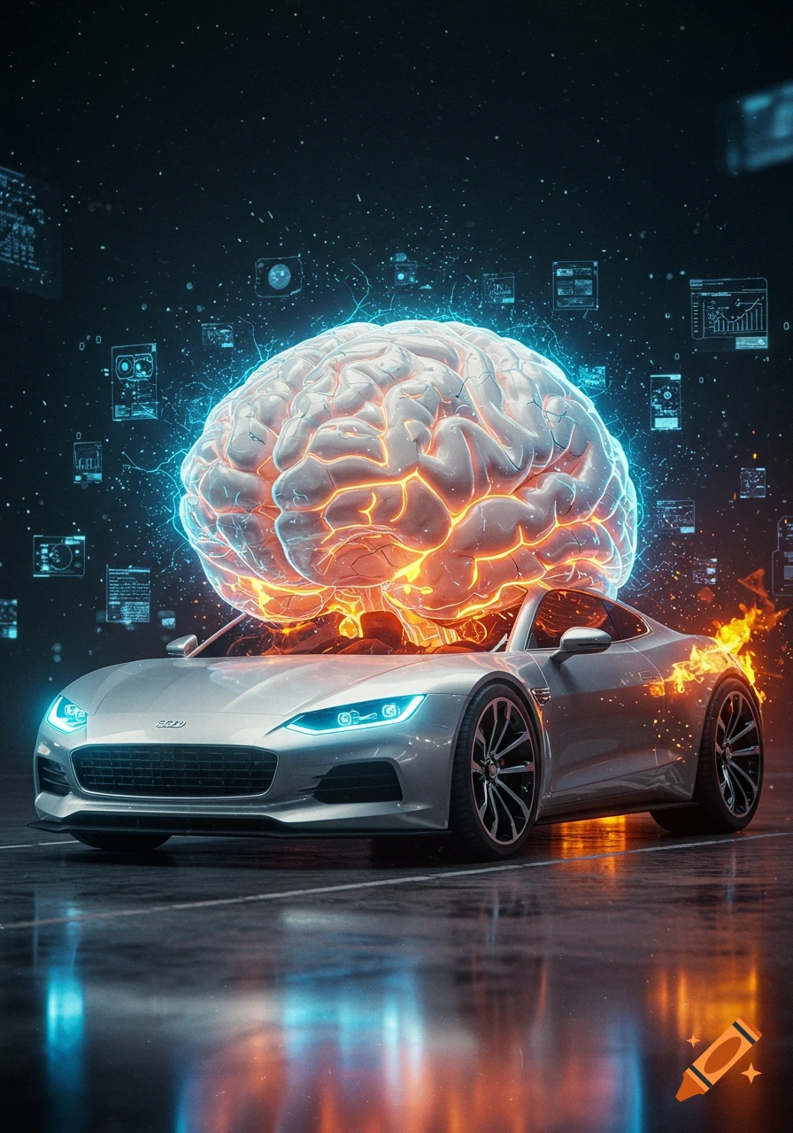 A futuristic silver sports car with a large glowing brain on top, surrounded by digital data and energy in a dark, technological setting.