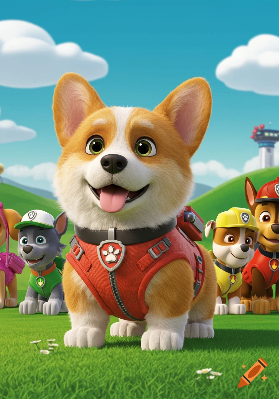 A smiling animated corgi in a red vest with Paw Patrol characters in a grassy field under a blue sky.