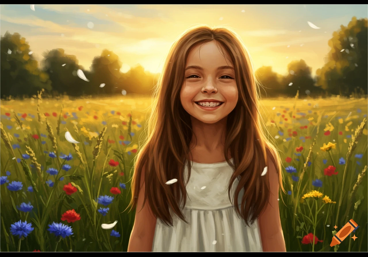 A young girl with long brown hair smiles happily in a sunlit wildflower field, digital painting.
