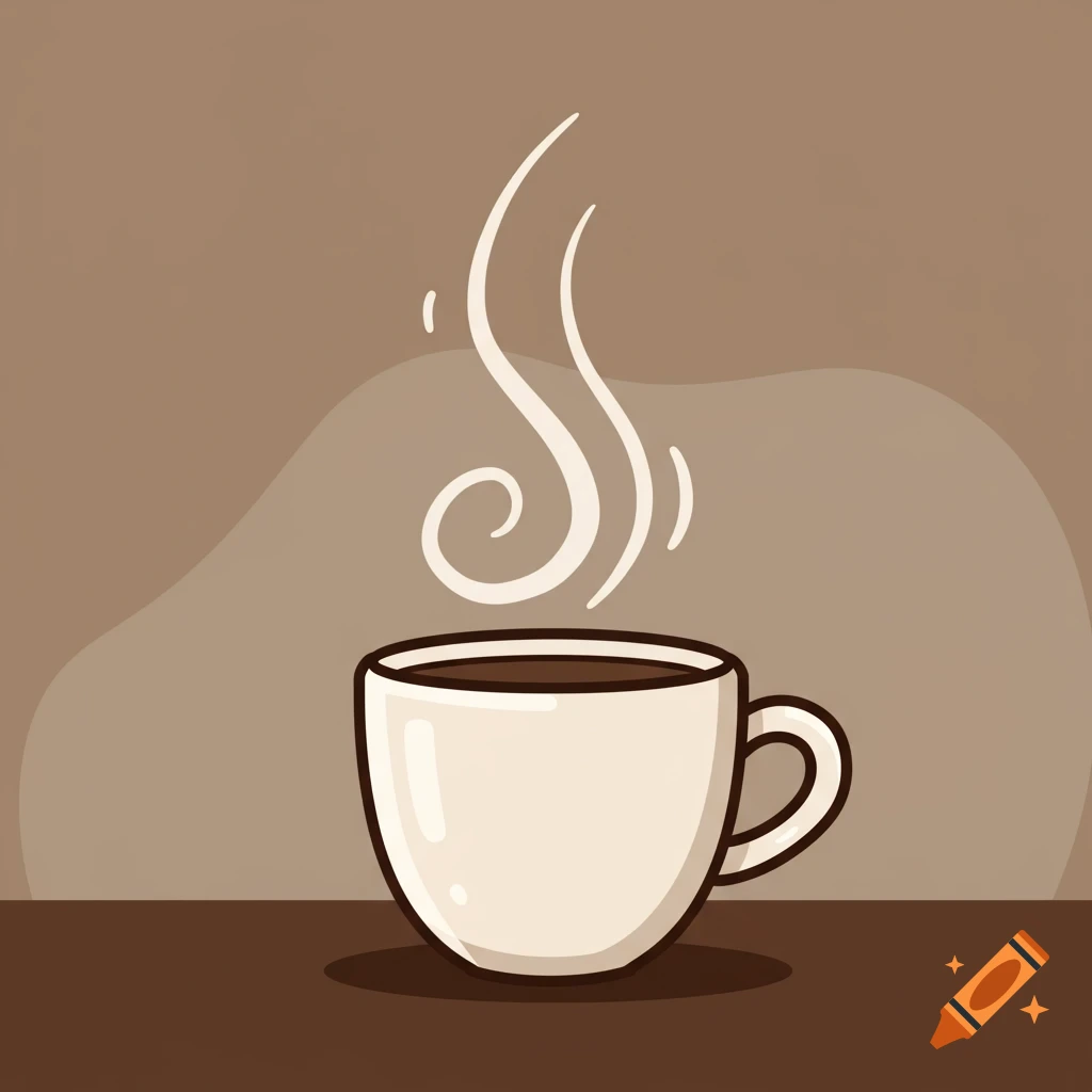 A white cartoon coffee cup with steam rising, set on a dark brown surface against a light brown background.