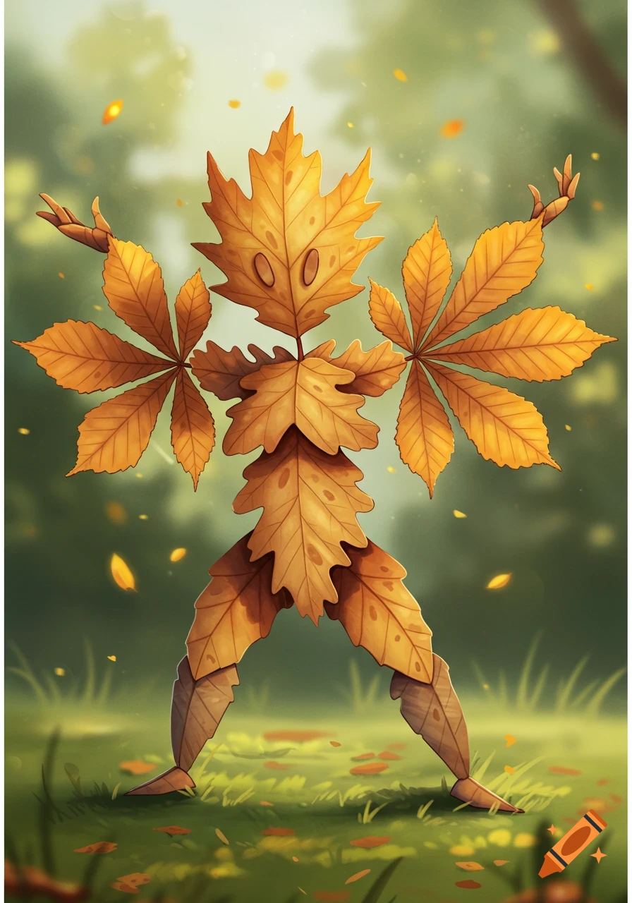 A whimsical character composed of golden autumn leaves stands with arms raised in a forest clearing, in an illustrative style.