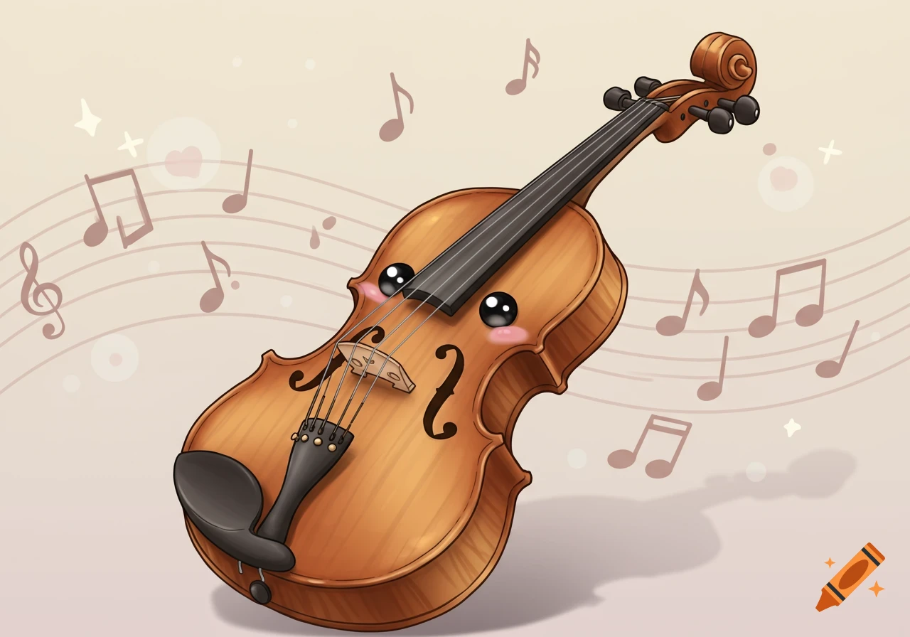 A cute cartoon violin with large eyes and pink cheeks, surrounded by music notes.
