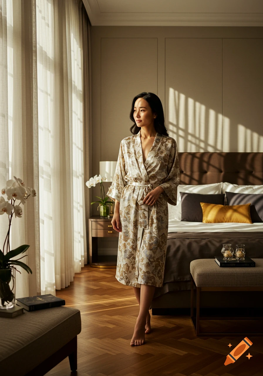 A photorealistic image of an Asian woman in a floral bathrobe standing in a sunlit luxurious bedroom.