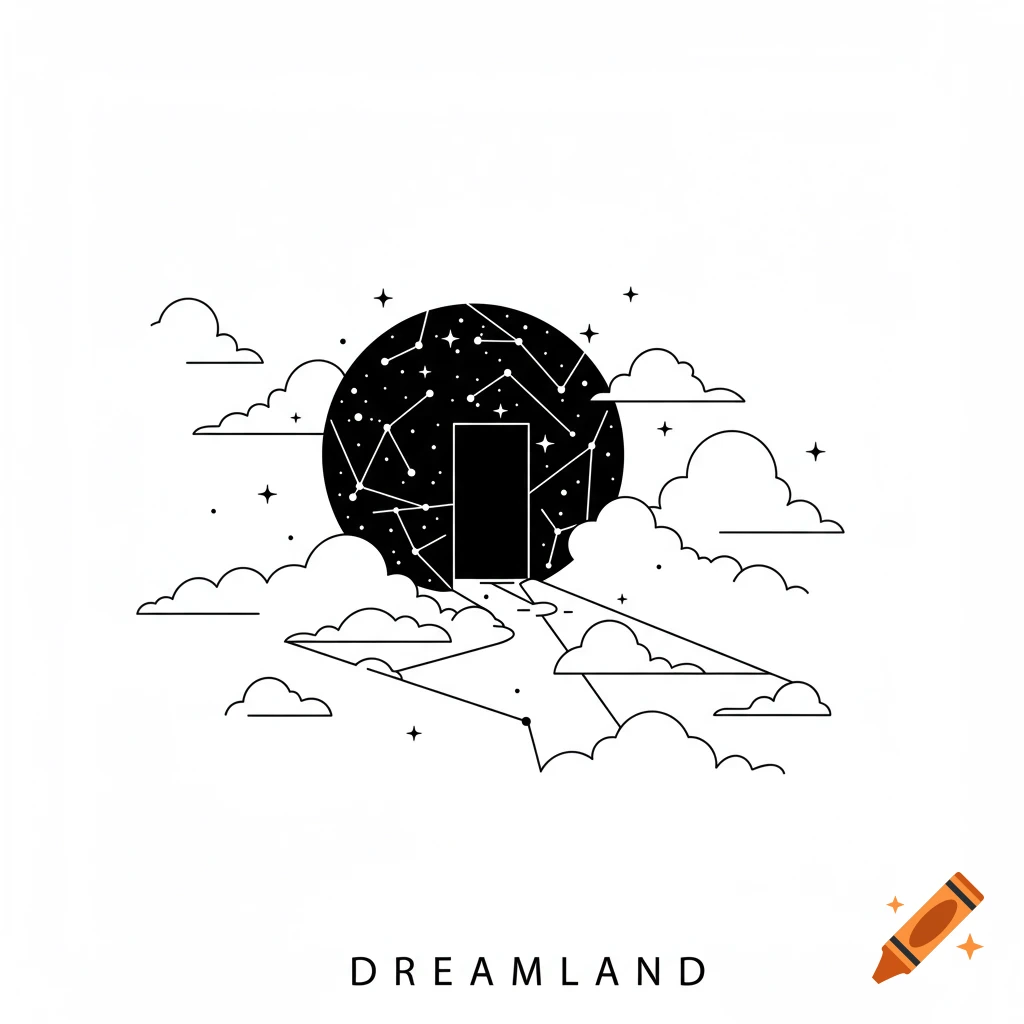Minimalist black and white illustration of clouds, constellations, and a portal with a path leading to it, labeled 'DREAMLAND'.