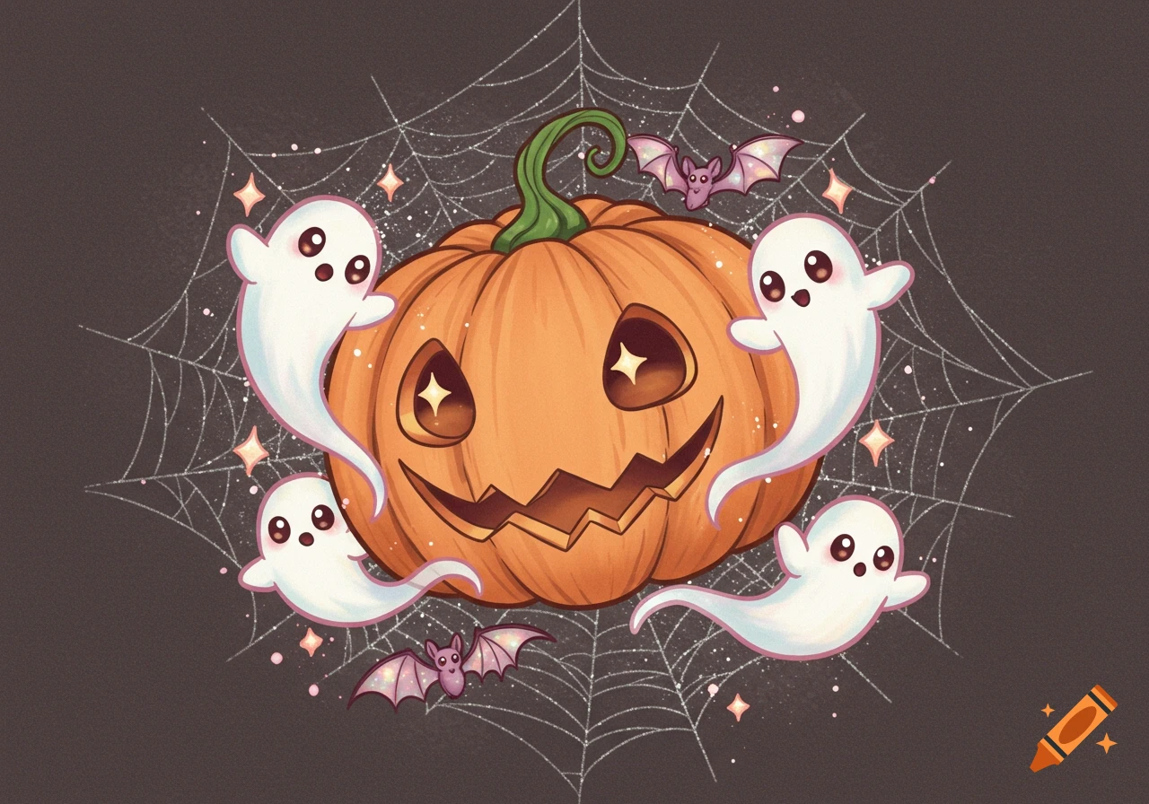 Cute cartoon jack-o'-lantern surrounded by ghosts and bats on a spiderweb background with sparkles.