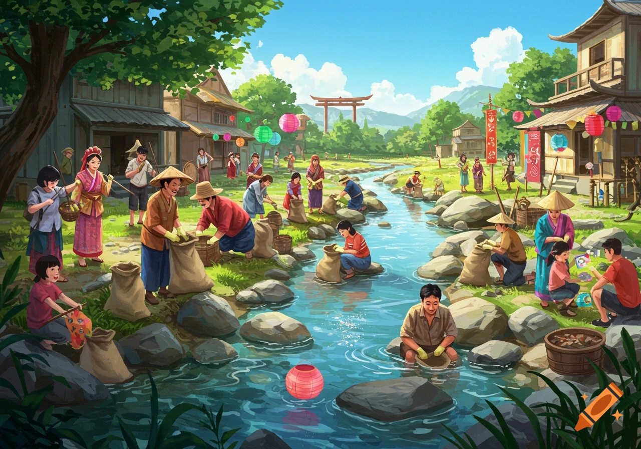Vibrant illustration of people in traditional Japanese clothing cleaning a river and decorating for a festival.