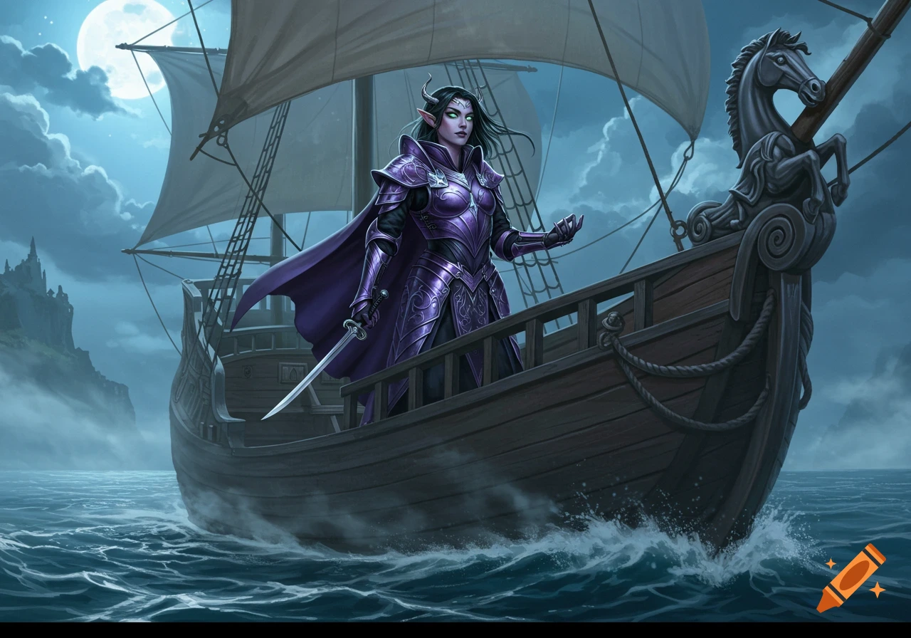 A dark-haired elf in purple armor and a cape stands on a medieval boat at night, a castle visible in the distance.