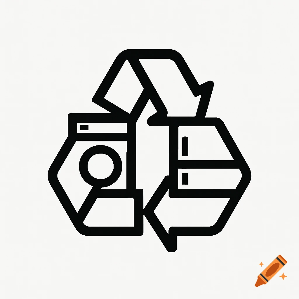 Minimalist black and white logo of a recycling symbol with integrated household appliances.