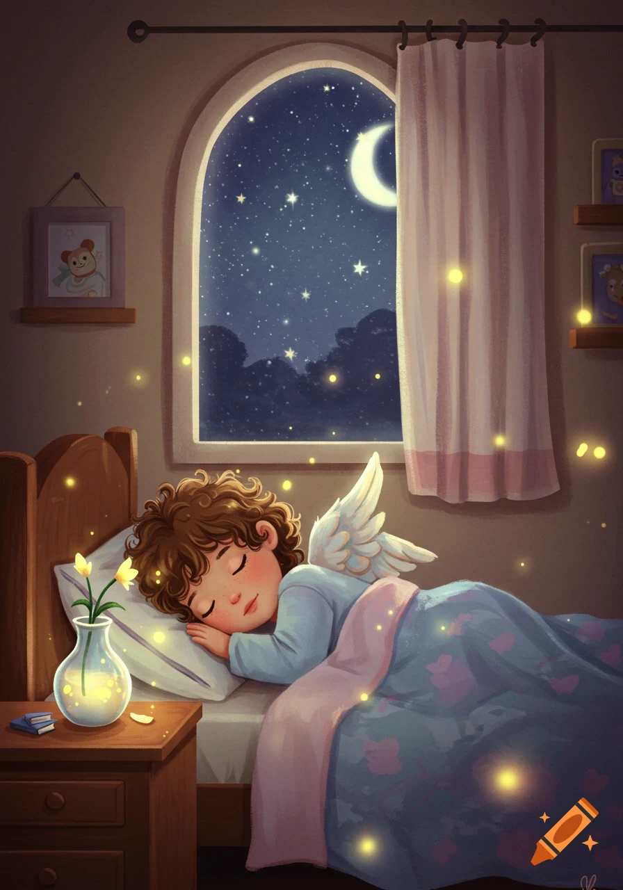 A cute child angel sleeps in bed with fireflies around, a crescent moon visible through the window. Dreamy illustration.