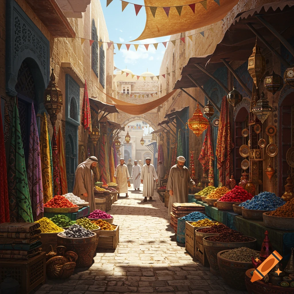 A vibrant marketplace with vendors selling colorful spices and fabrics, men in traditional attire walk through a narrow, sunlit street lined with detailed architecture.