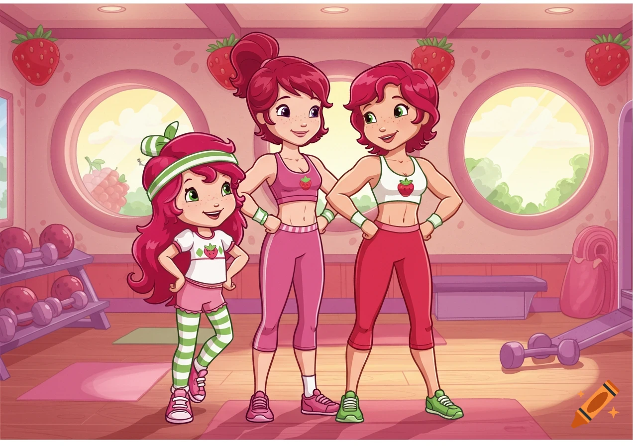 Cartoon Strawberry Shortcake, her mom, and a younger girl pose in a vibrant pink gym with exercise equipment.