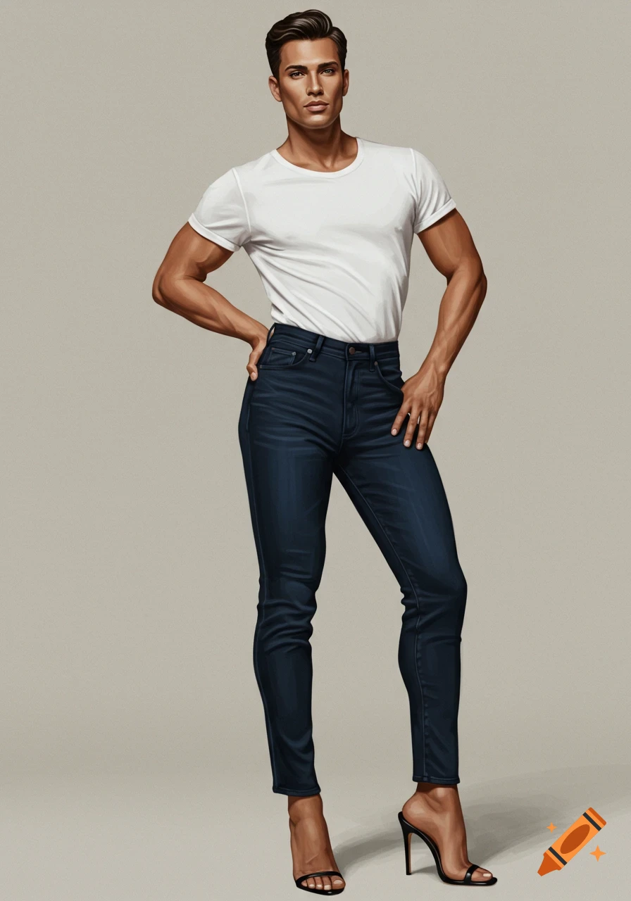 A photorealistic man in a white t-shirt, dark jeans, and black stilettos poses confidently.