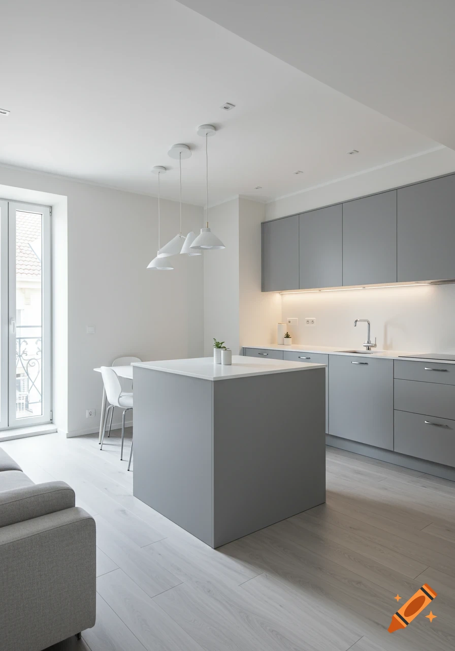 Minimalist gray and white open-plan apartment interior with kitchen island, light wood floor, and living area by a large window.