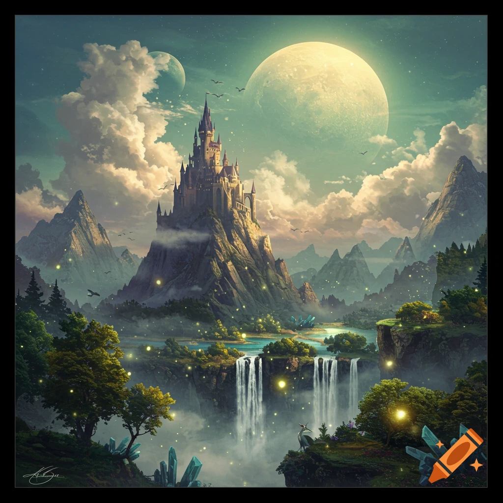 Majestic castle on a mountain peak in a fantasy landscape with glowing crystals, waterfalls, and two moons.
