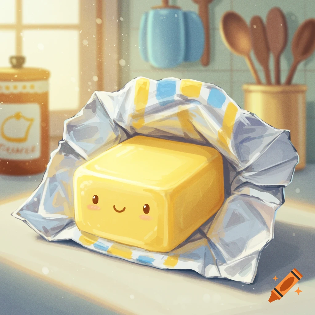 A cute, cartoon stick of butter with a happy face smiles from its wrapper on a kitchen counter, bathed in sunlight.