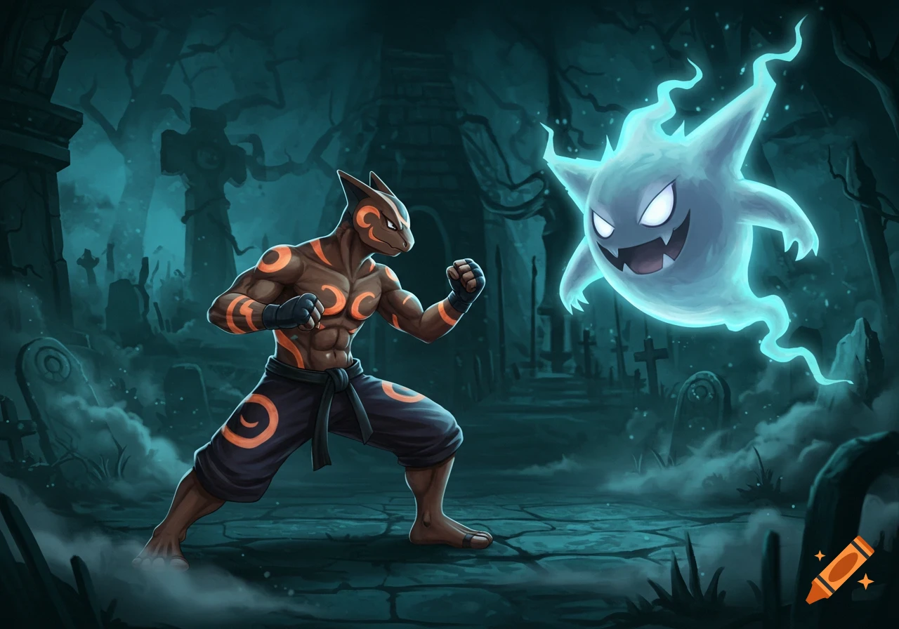 A muscular, dark creature with orange markings in a fighting stance faces a glowing blue ghost in a spooky graveyard illustration.