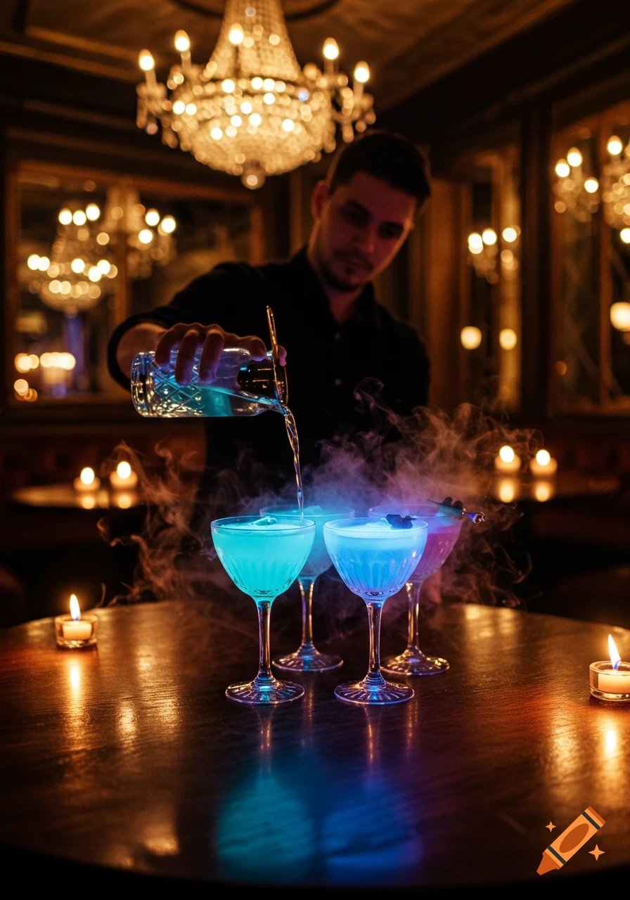 A bartender pours glowing blue liquid from a glass into cocktails amidst smoky dry ice in a dimly lit bar with chandeliers.
