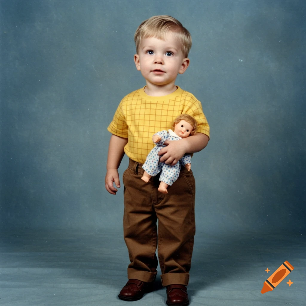 Blonde boy in yellow plaid shirt and brown khakis holds a doll against a blue background, looking at the camera. 1990s photo.
