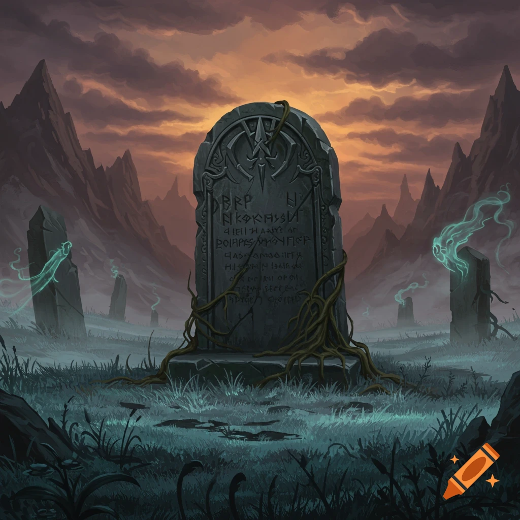 Dark fantasy painting of a large, vine-covered tombstone with runes, misty graves, and glowing spirits under a cloudy sunset.