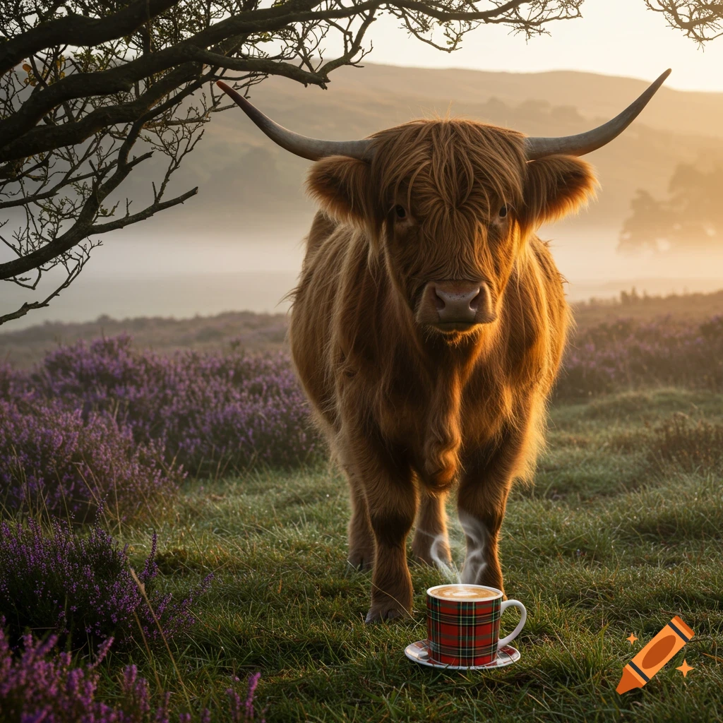 A majestic Highland cow stands in a misty field of purple heather at sunrise, with a steaming plaid coffee cup at its feet.