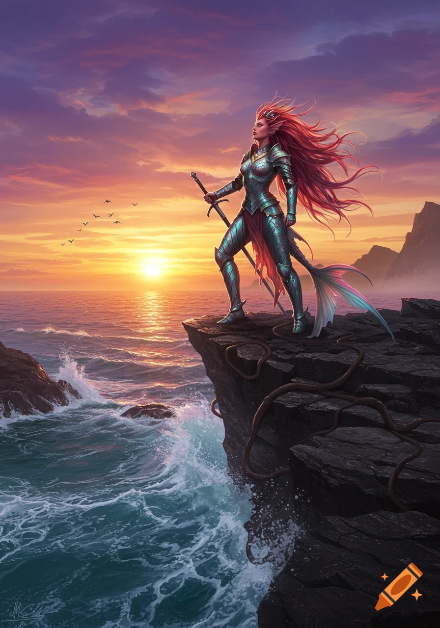 A mermaid warrior with flowing red hair and teal armor stands on a dark cliff, looking out at a vibrant orange and purple sunset over the ocean.