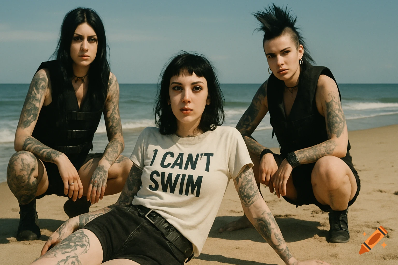 Three tattooed Goth punk women, one in an 'I CAN'T SWIM' shirt, pose on a beach under natural light.
