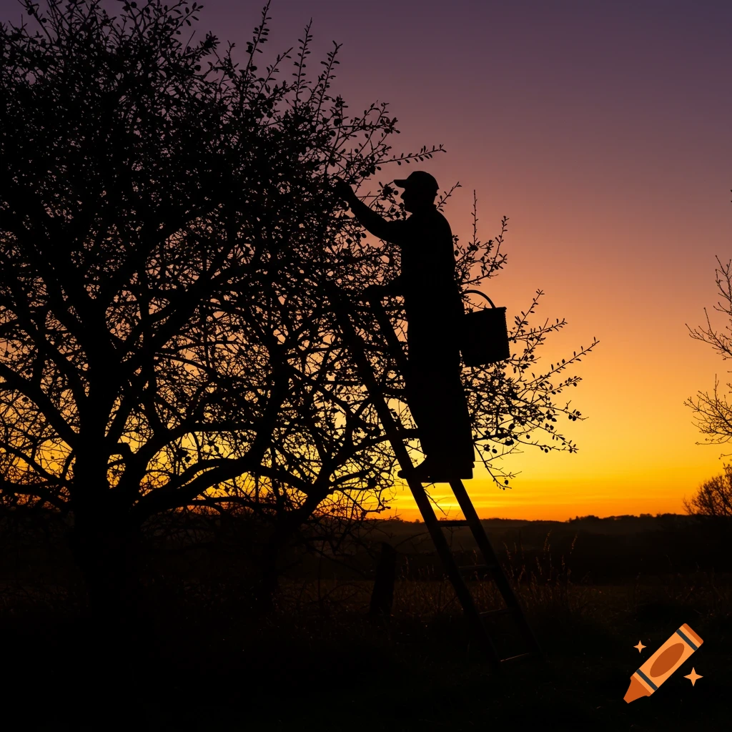 Silhouette of a farmer on a ladder picking berries from a bush at sunset.