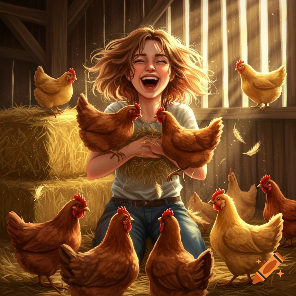 A joyful young woman laughs, surrounded by chickens and hay in a sunlit barn, in an illustration style.